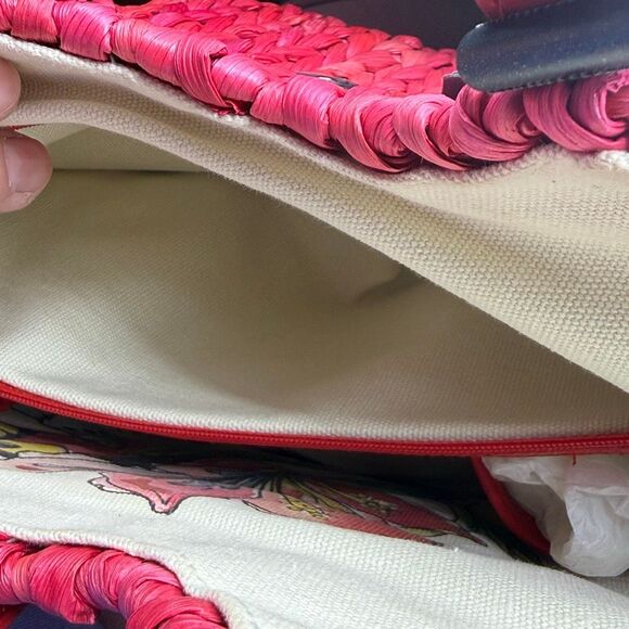 Francesco Biasia Freeway Jam Flame Red Pink Straw Woven Bag with Leather Handles - Picture 9 of 13